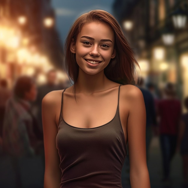 a woman in a brown dress is walking down a street with a blurry background of people.