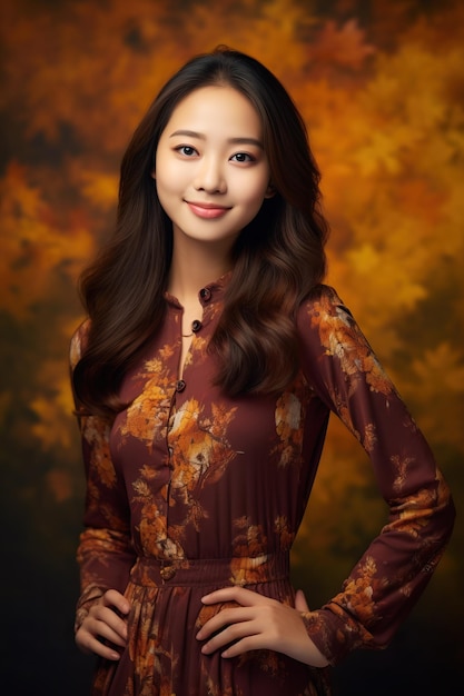 A woman in a brown floral dress