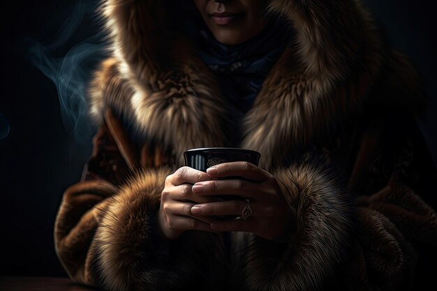 A woman in a brown fur coat holding a cup Generative Ai