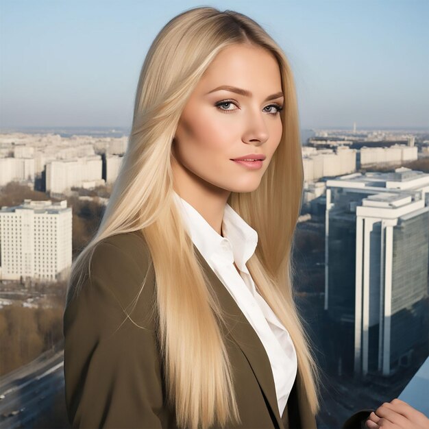 a woman in a brown jacket is standing in front of a city skyline