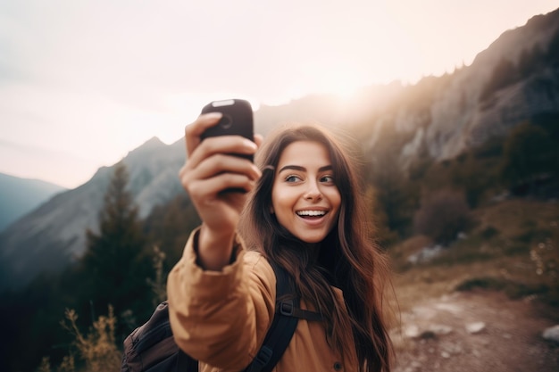 갈색 재킷을 입은 한 여성이 산에서 휴대폰으로 자화상을 찍고 있습니다.