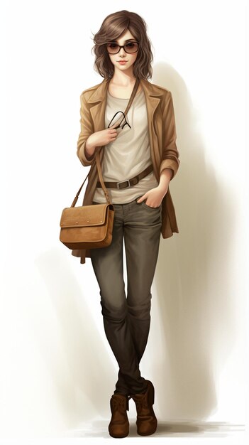 Photo woman in a brown jacket and jeans with a purse