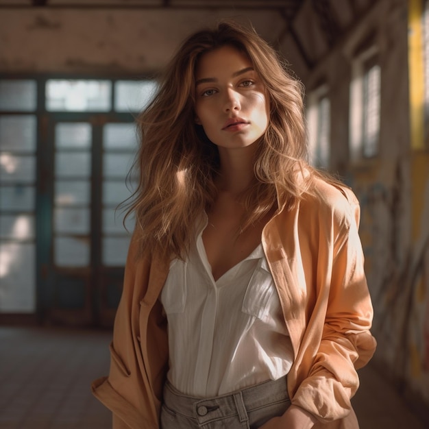 A woman in a brown jacket stands in front of a yellow wall.