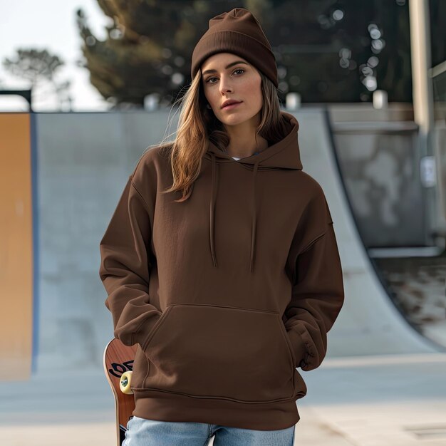 Photo a woman in a brown jacket stands on a ramp with a skateboard