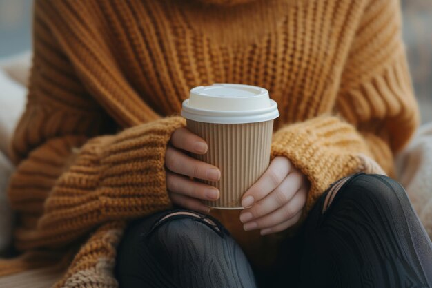 Woman in a brown knitted jumper and black leggings holds a takeaway coffee cup Generative AI