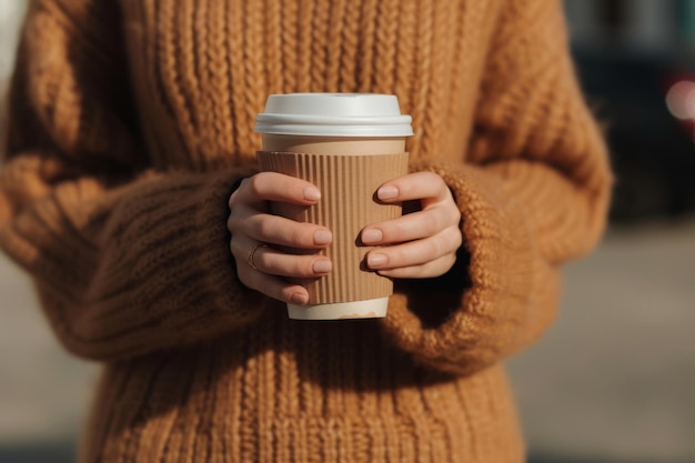 Woman in a brown knitted jumper and black leggings holds a takeaway coffee cup Generative AI