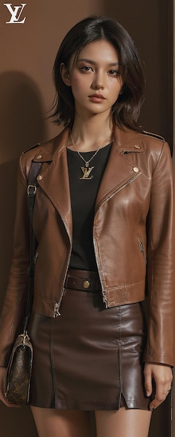 Photo a woman in a brown leather jacket and skirt poses on a brown color background