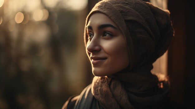 A woman in a brown scarf looks into the distance.