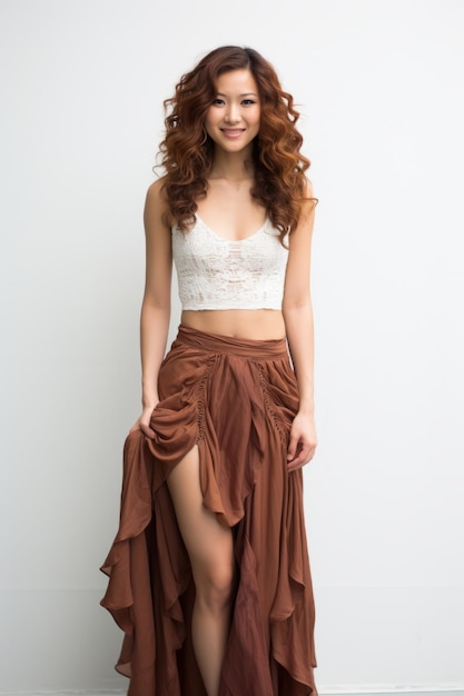 A woman in a brown skirt and white crop top poses against a white background