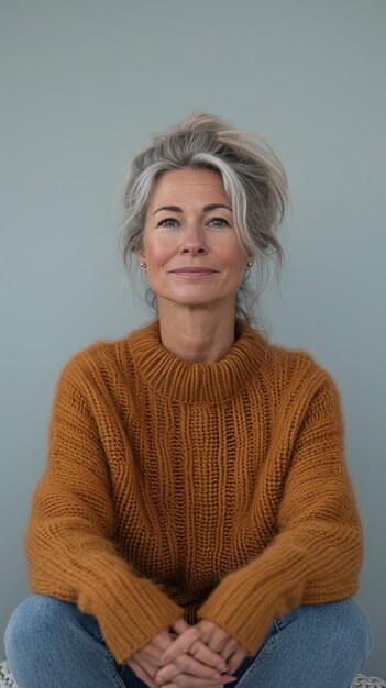 A woman in a brown sweater sitting on a blue chair