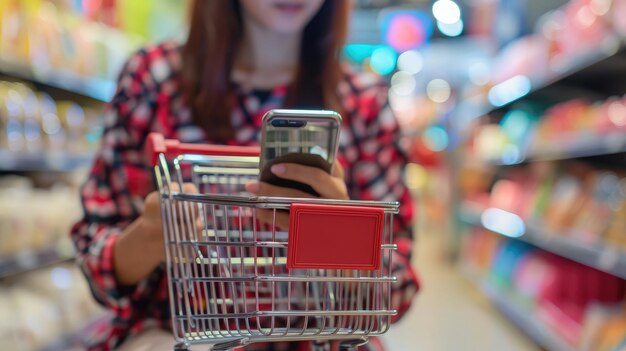 Photo woman browsing online marketplace on smartphone exploring product listings and making purchases conveniently from home