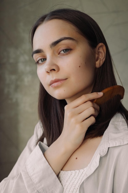 Photo woman brushing brown hair with wooden comb and doing daily beauty routine