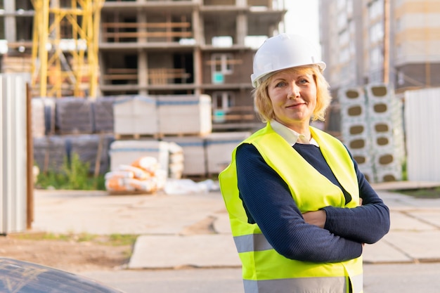 A woman builder at a construction site inspects a building