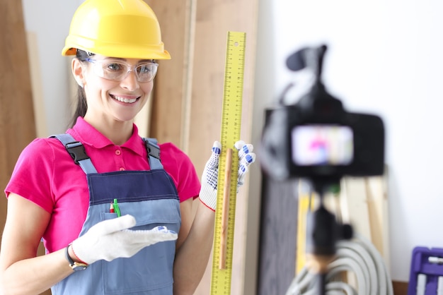 Woman builder demonstrates ruler on video camera