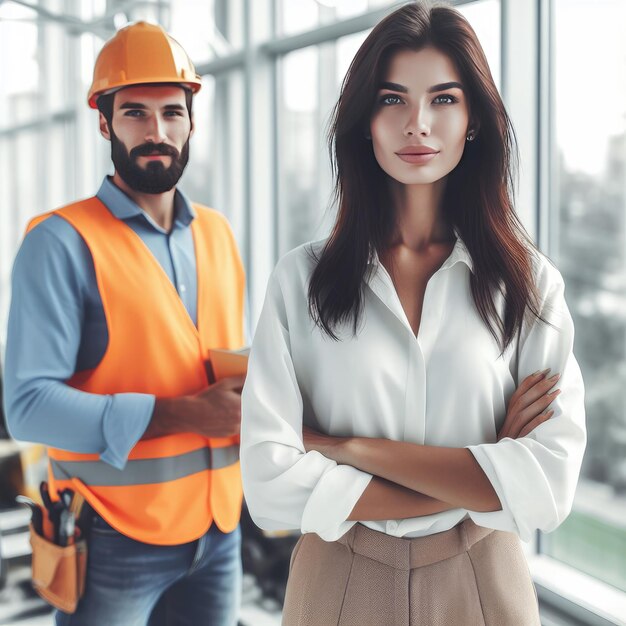 a woman in a builder's uniform is under construction in the background