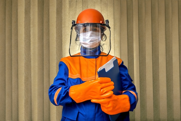 Photo woman builder uses personal protective equipment and workwear or safety gear during pandemic of coronavirus infection covid 19.
