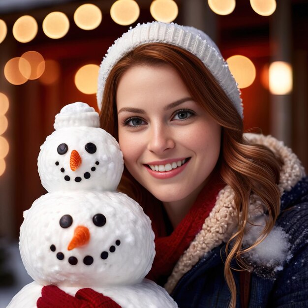 woman building christmas snowman smiling