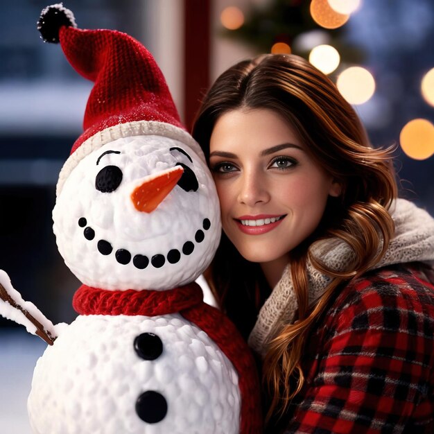 woman building christmas snowman smiling