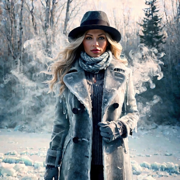 Woman bundled in overcoat cold frozen and covered with ice