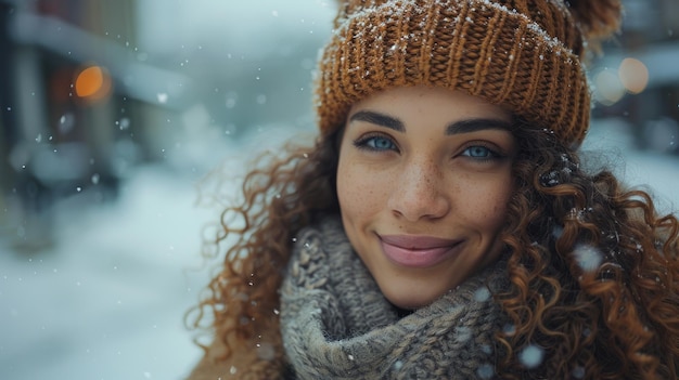 Woman bundled up in winter clothing wearing hat and scarf in snowy weather