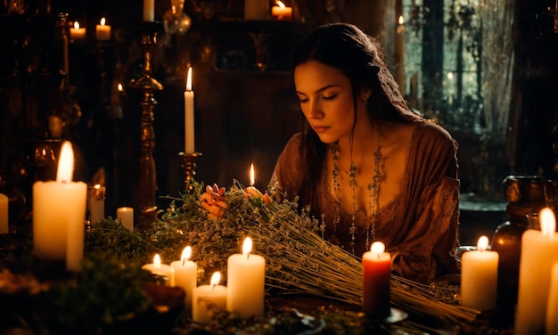 a woman burns herbs in her hands Selective focus