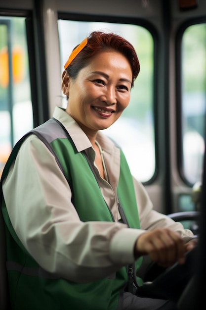 Photo a woman on a bus with a green vest on