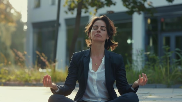 Photo woman in business attire finds serenity in urban meditation during golden hour