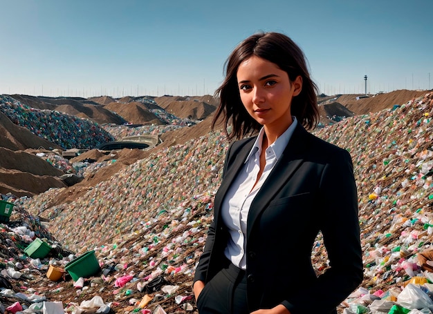 A woman in a business suit against the background of a landfill or garbage dump Generative AI