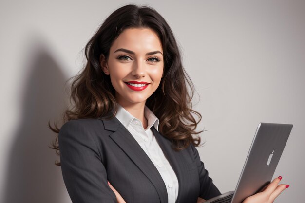 a woman in a business suit holding a laptop