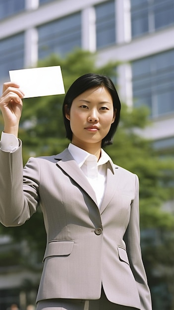 A woman in a business suit holds up a white card.