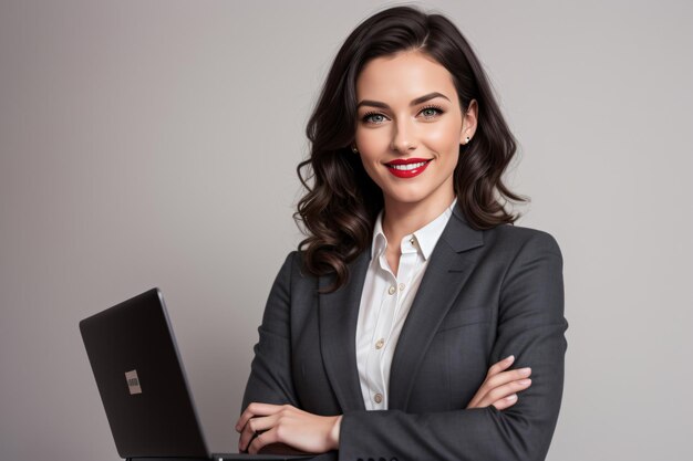 Photo a woman in a business suit is smiling and holding a laptop