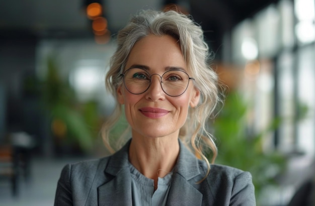 woman in business suit is smiling in office