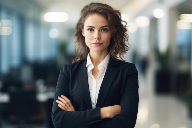 A woman in a business suit is standing in a room with her arms crossed She has a serious expression on her face
