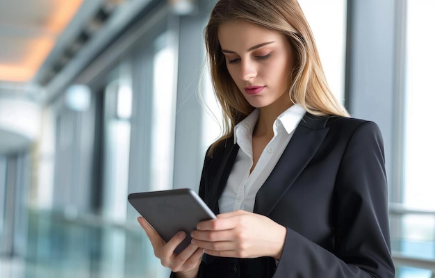 ビジネススーツを着た女性が背景に緑の植物のタブレットを使用しています