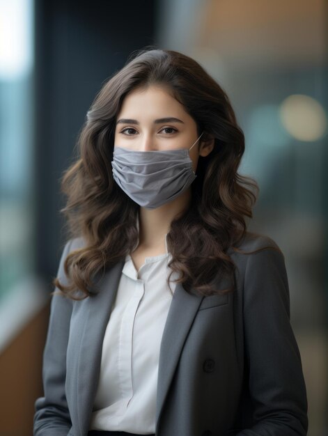 A woman in a business suit is wearing a face mask