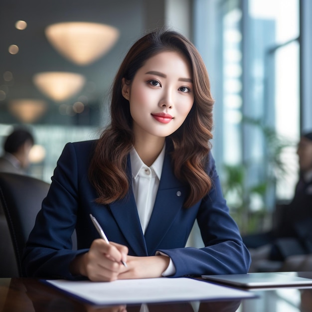 A woman in a business suit sits at a desk with a pen in her hand.