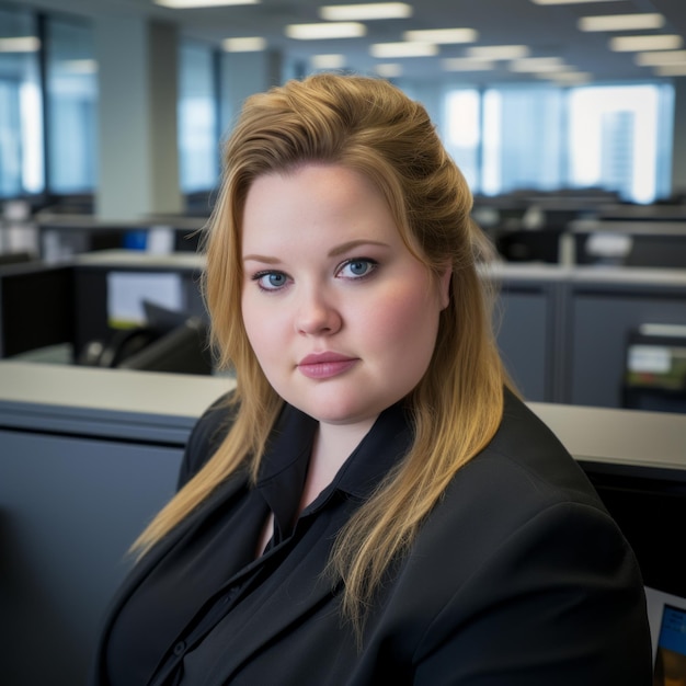 a woman in a business suit sitting at an office desk