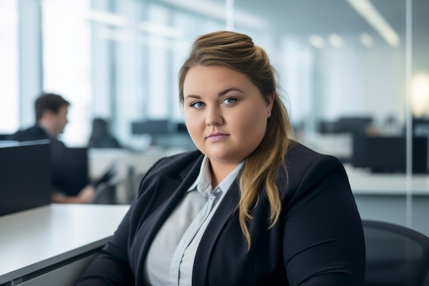 a woman in a business suit sitting in an office