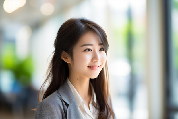 a woman in a business suit smiling at the camera