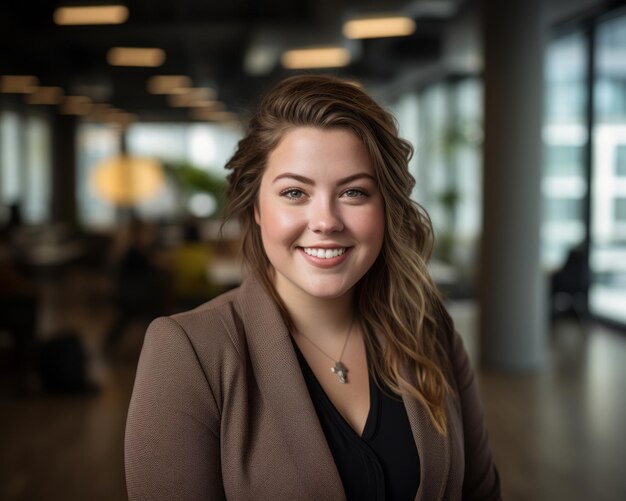 A woman in a business suit smiling at the camera