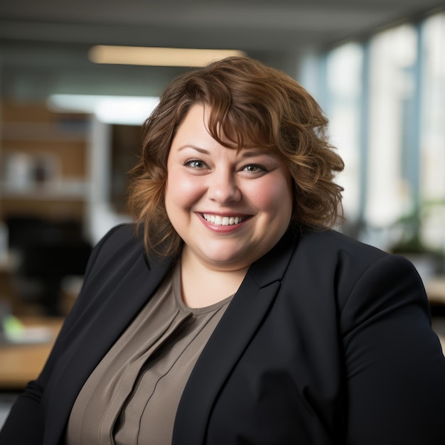 a woman in a business suit smiling at the camera