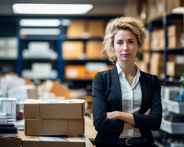 a woman in a business suit standing in front of boxes