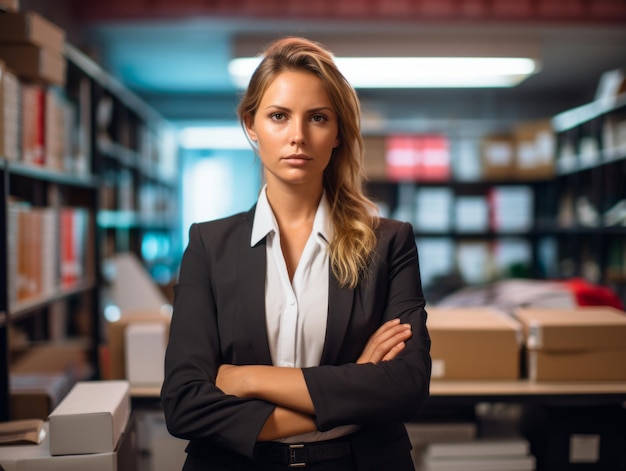 a woman in a business suit standing in front of shelves in a library