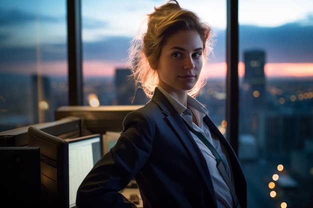 a woman in a business suit standing in front of a window with city lights in the background