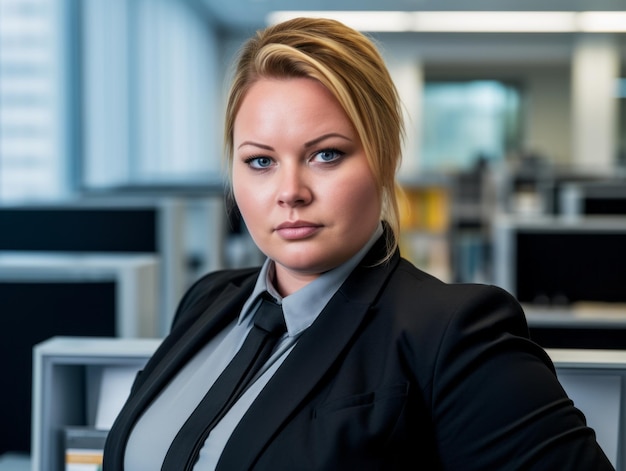 a woman in a business suit standing in an office