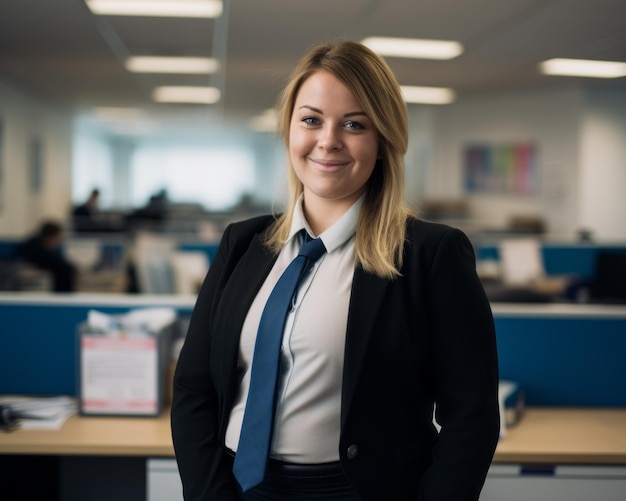 a woman in a business suit standing in an office