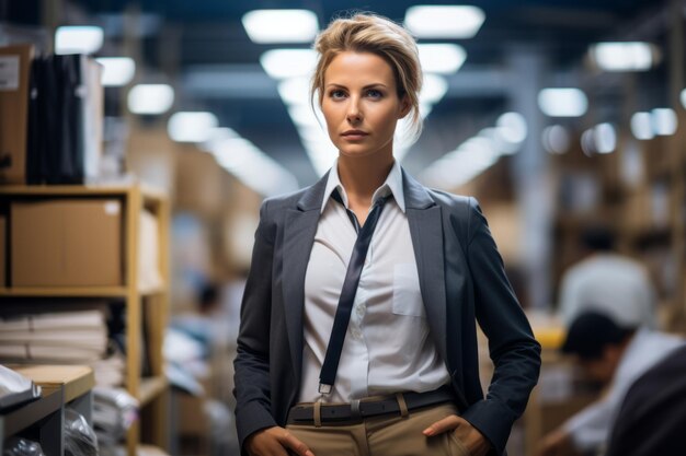 a woman in a business suit standing in a warehouse