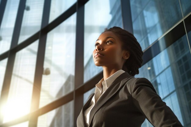 Photo a woman in a business suit stands in front of a window with the sun shining through her eyes.