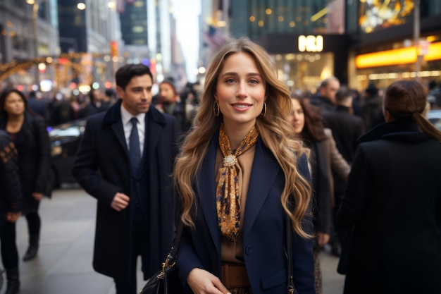 A woman in a business suit walking down a busy city street