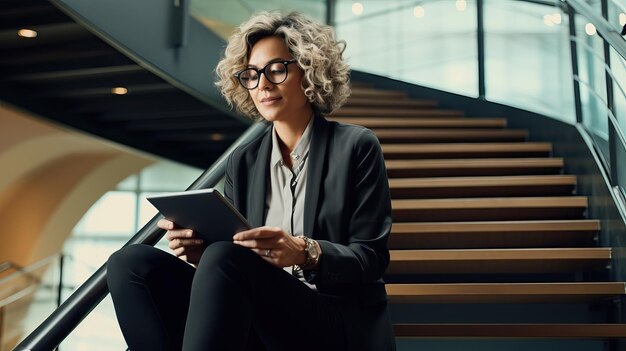 Woman in Business Suit with Tablet Office Stairs Reading